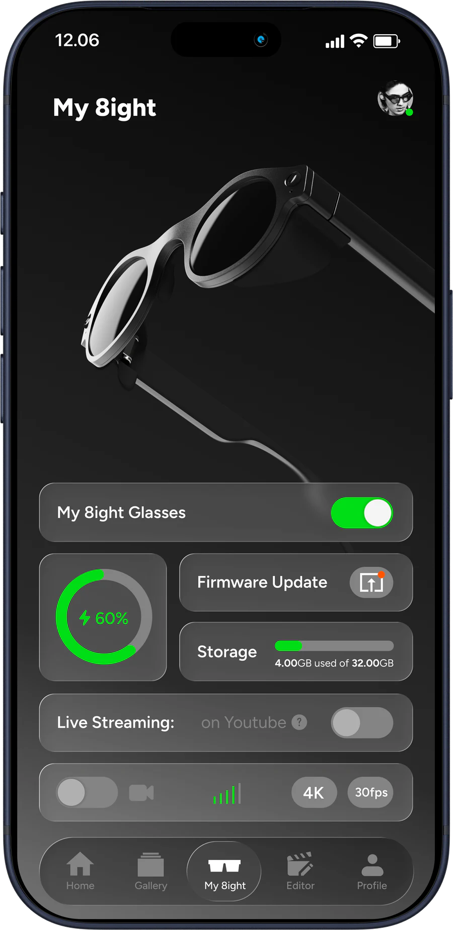 8ight Studio connection and glasses controls screen
