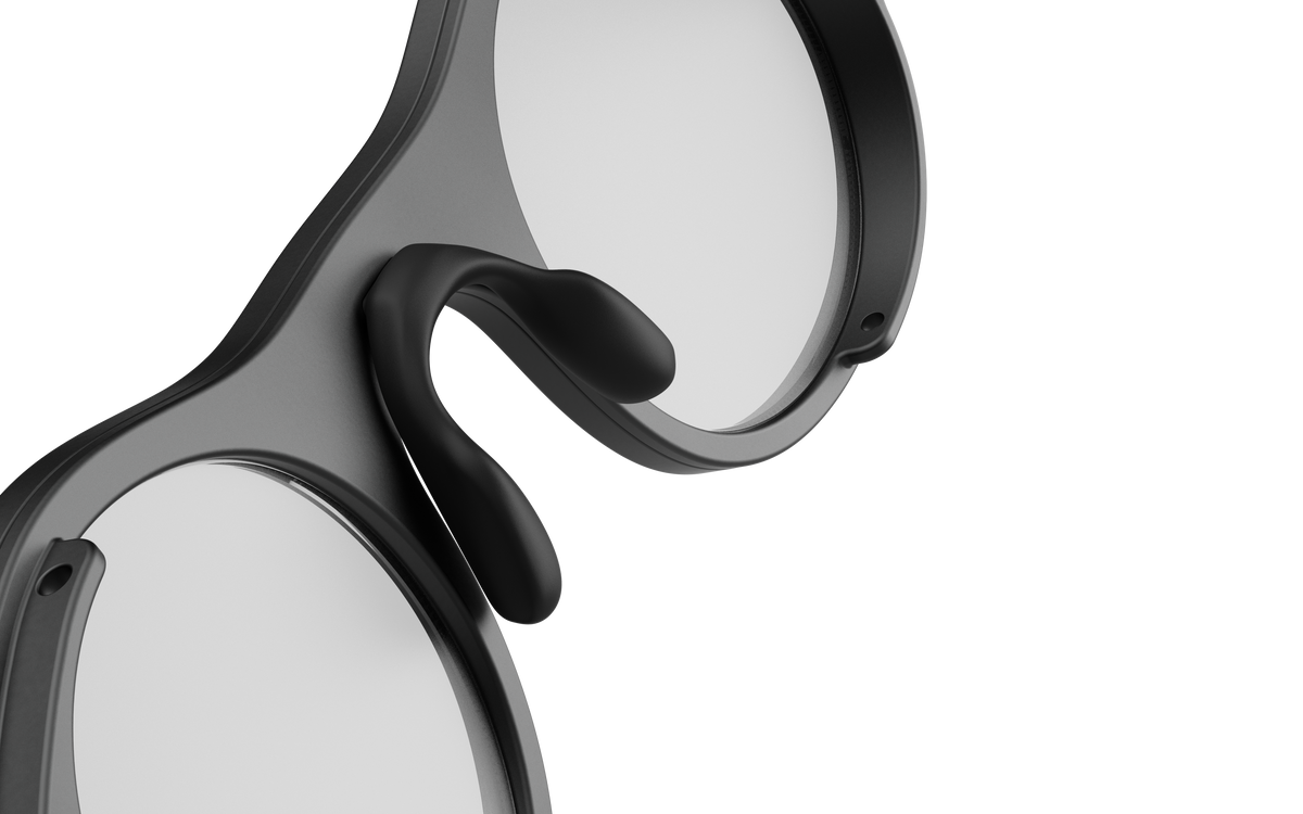 Close-up of the 8ight Pro camera glasses nose bridge and ergonomic frame design.