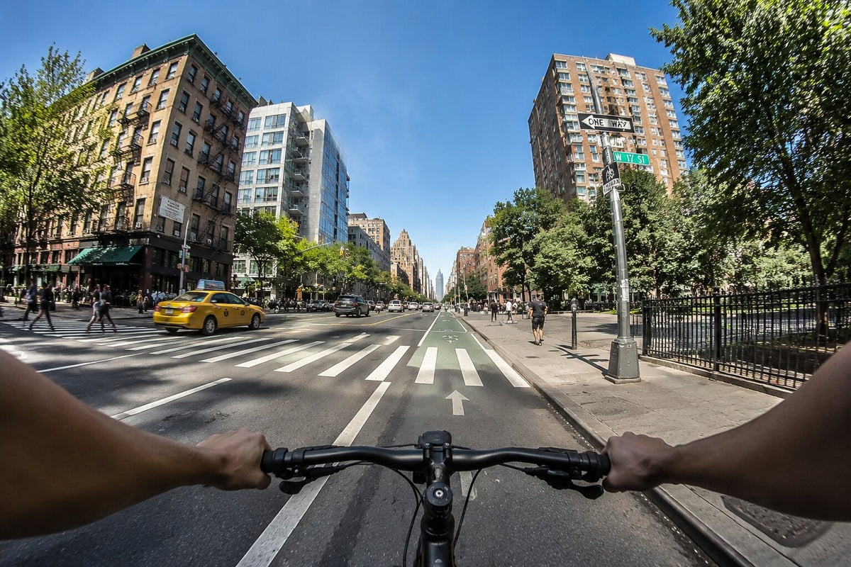 First-person cycling view on West 11th Street in New York City with a bike lane and yellow taxi.