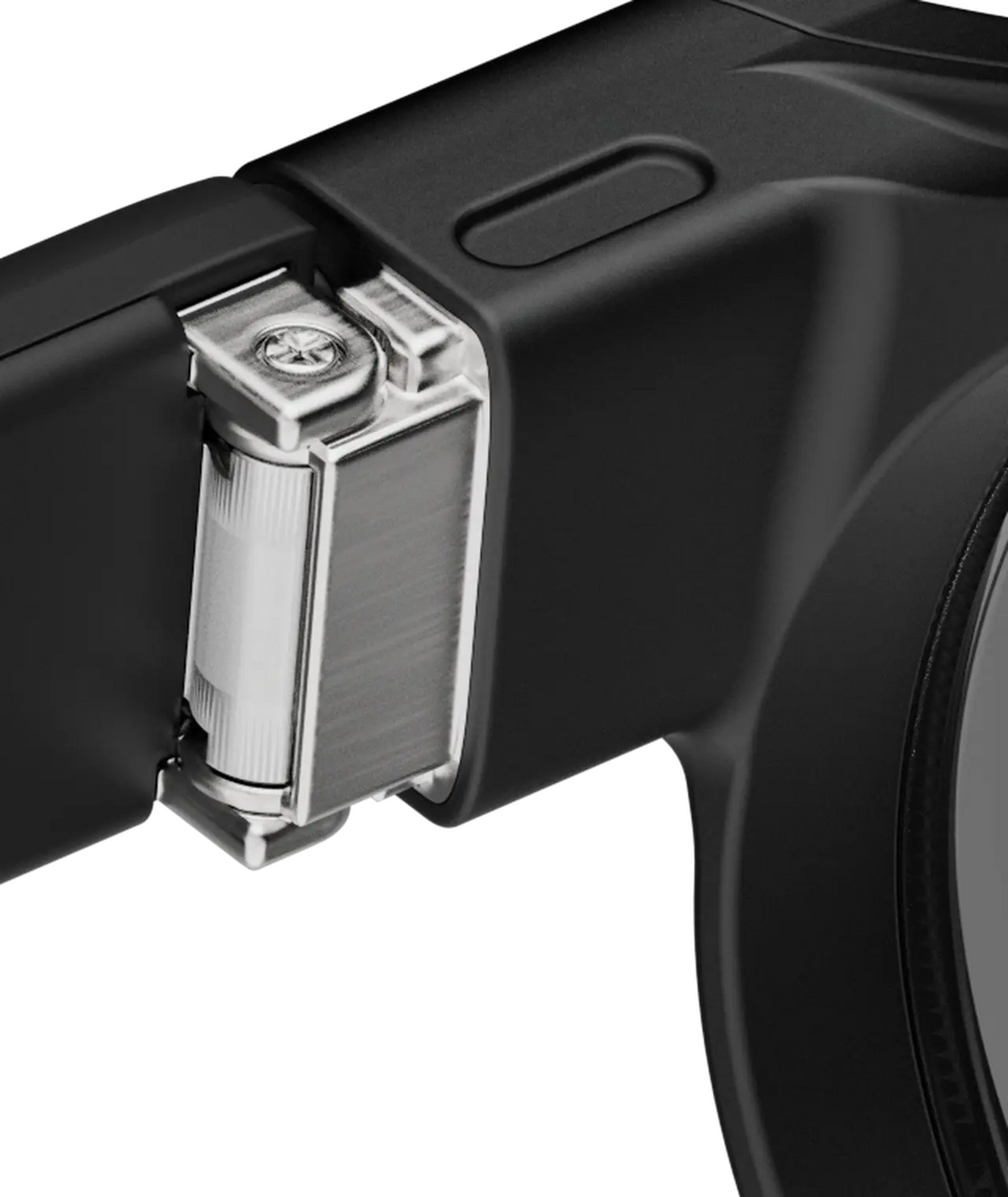Macro view of the 8ight Pro smart glasses metal hinge, black frame and temple control button.