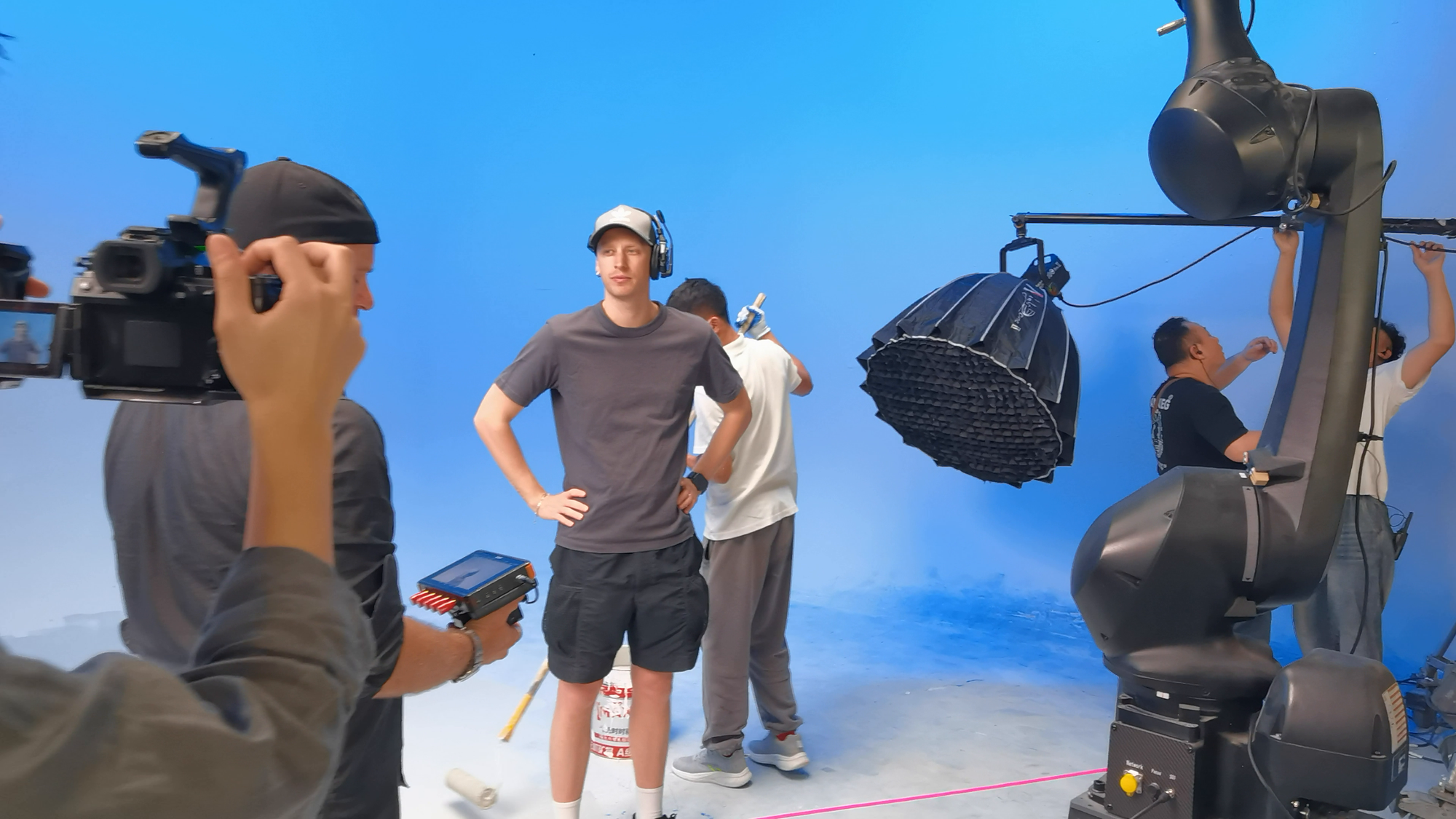 Talent surrounded by the camera rig on the blue 8ight production set