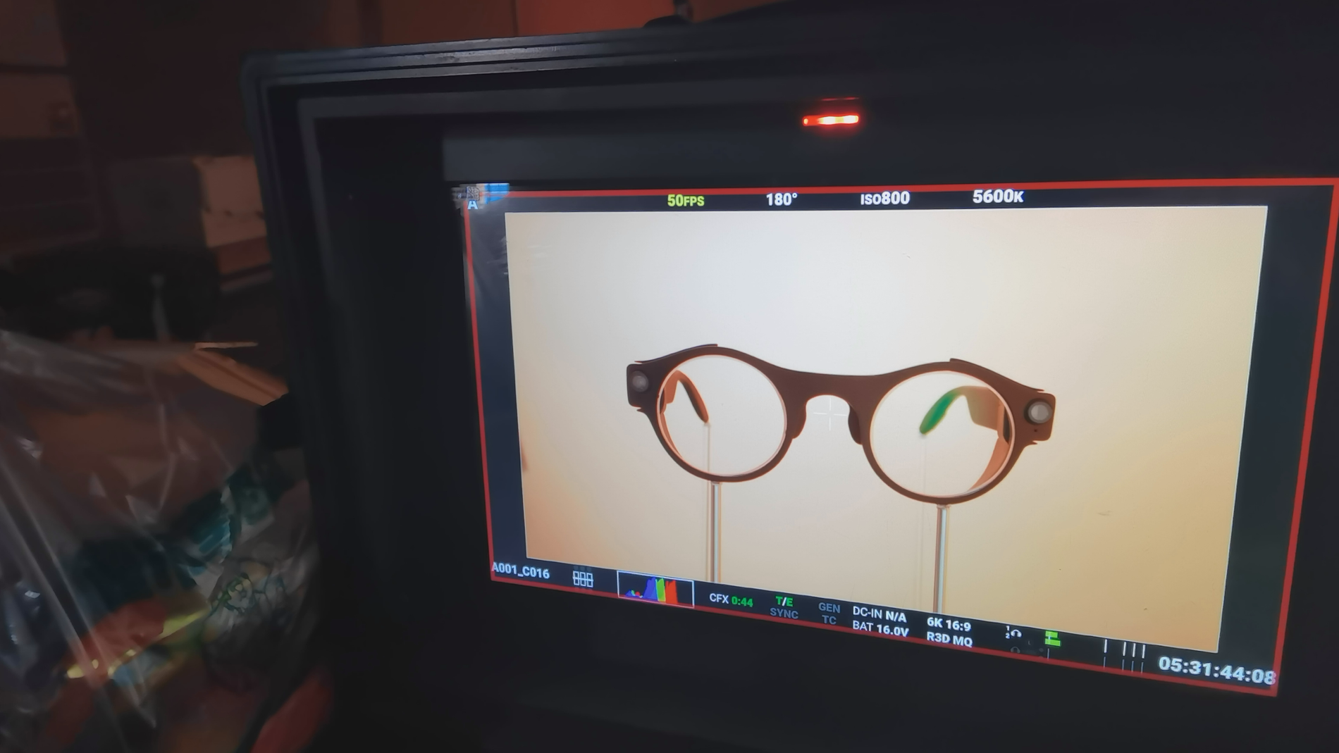Front view of 8ight camera glasses on a production monitor