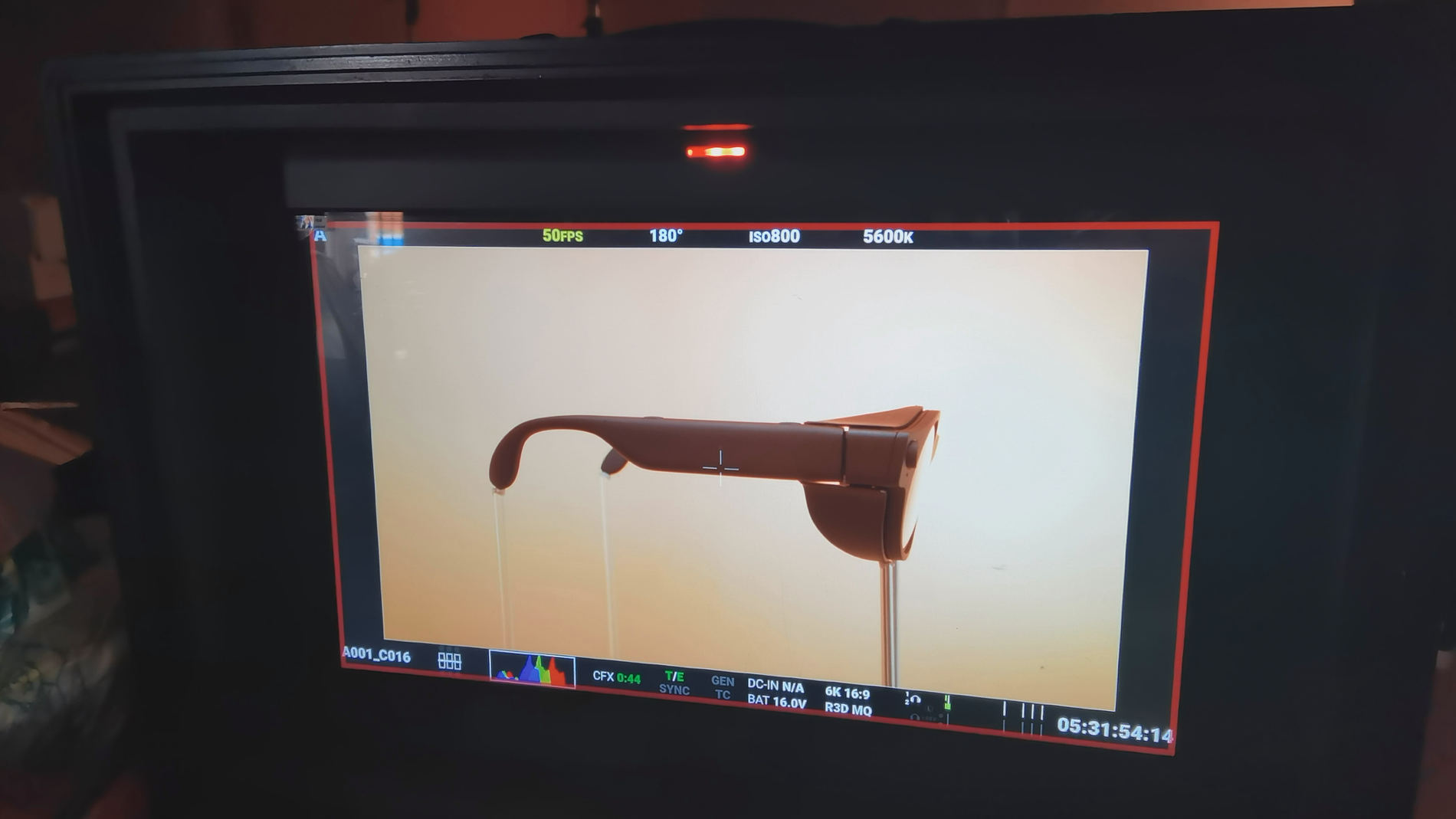 Side profile of 8ight camera glasses on a production monitor