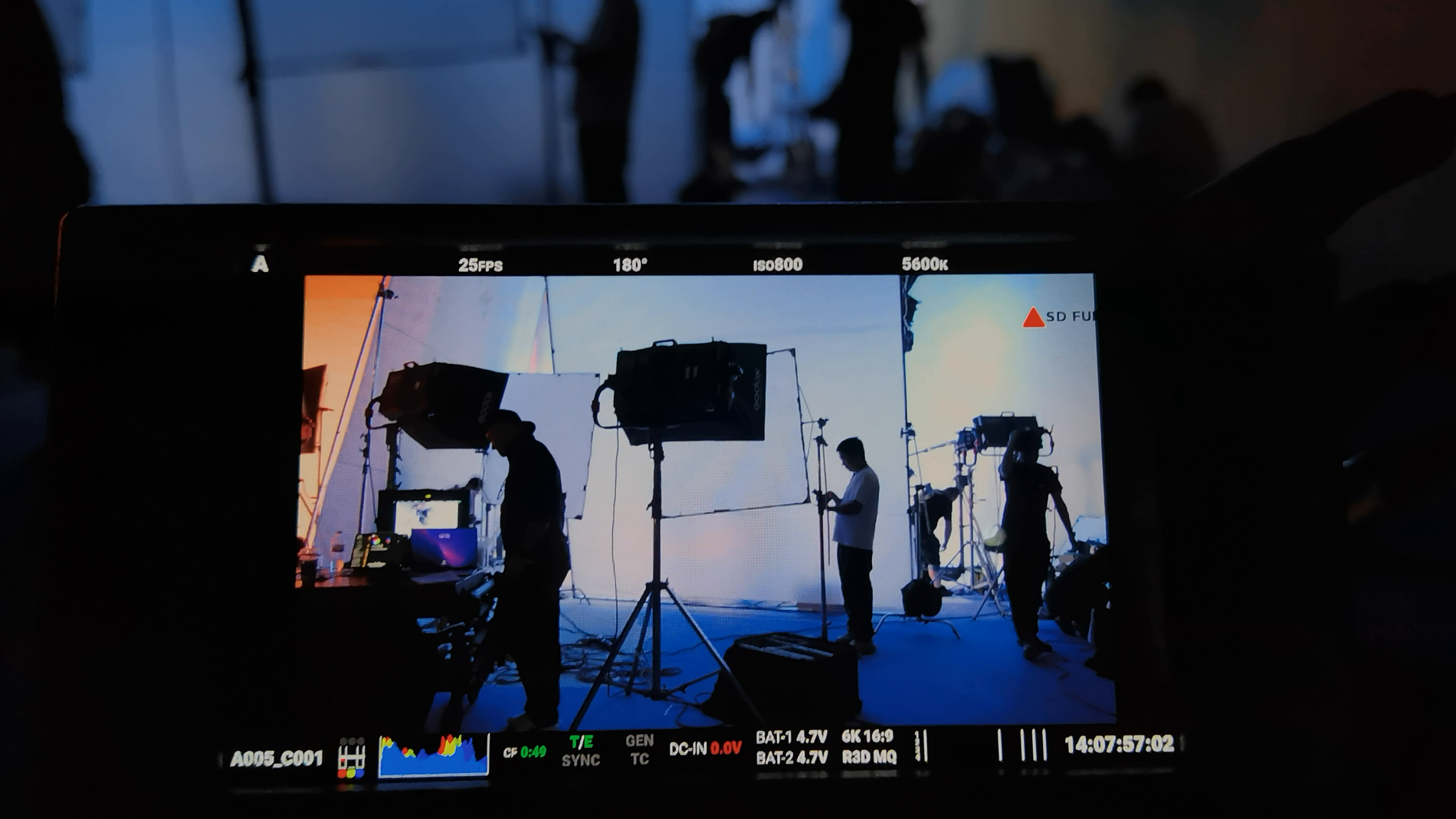 Camera monitor showing a live view of the blue 8ight studio set