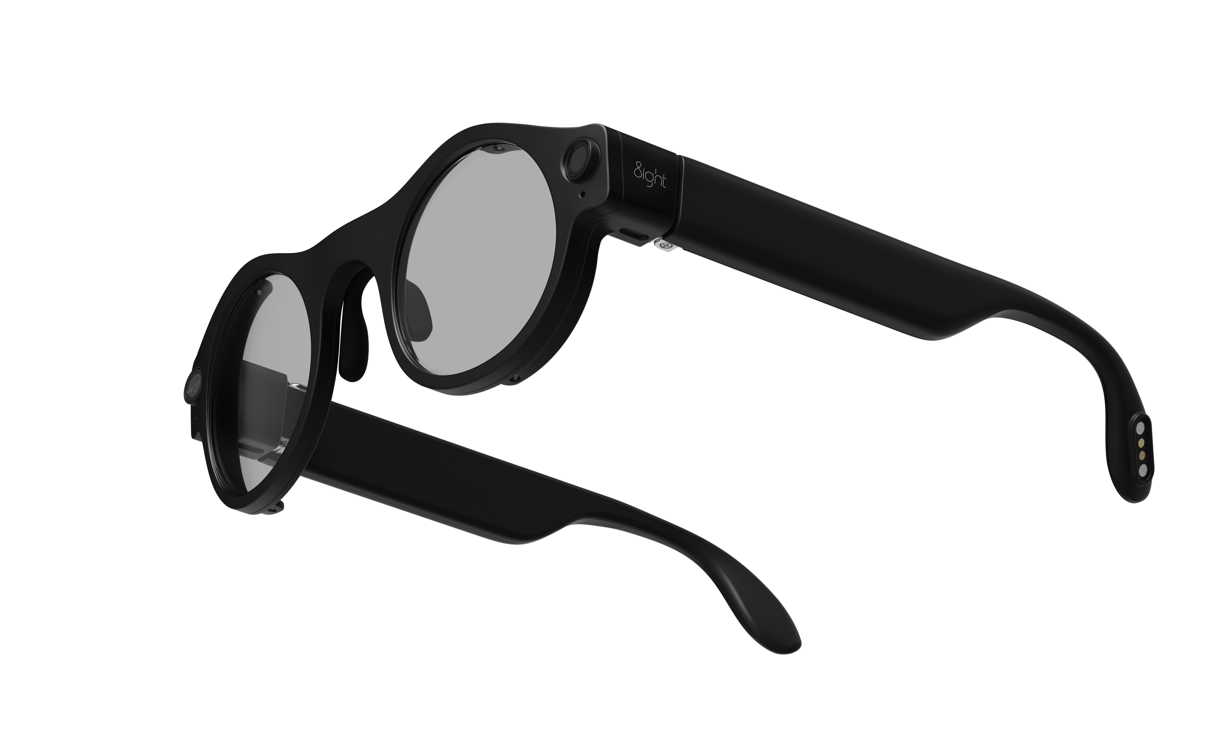 Open three-quarter view of black 8ight Pro smart glasses with camera module and extended temple arms