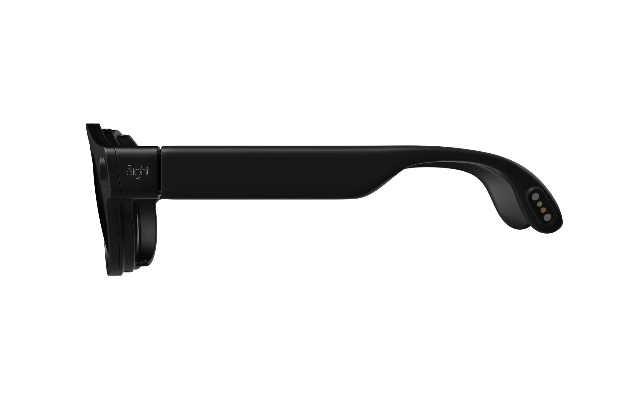 Side profile of the black 8ight Pro temple arm showing its curved ear tip and charging contacts