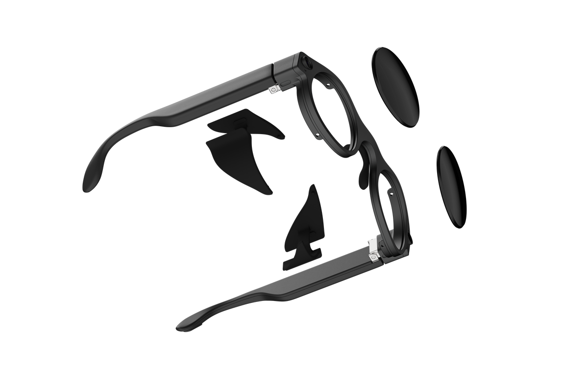 Exploded engineering view of the 8ight Pro frame, lenses and internal product layers