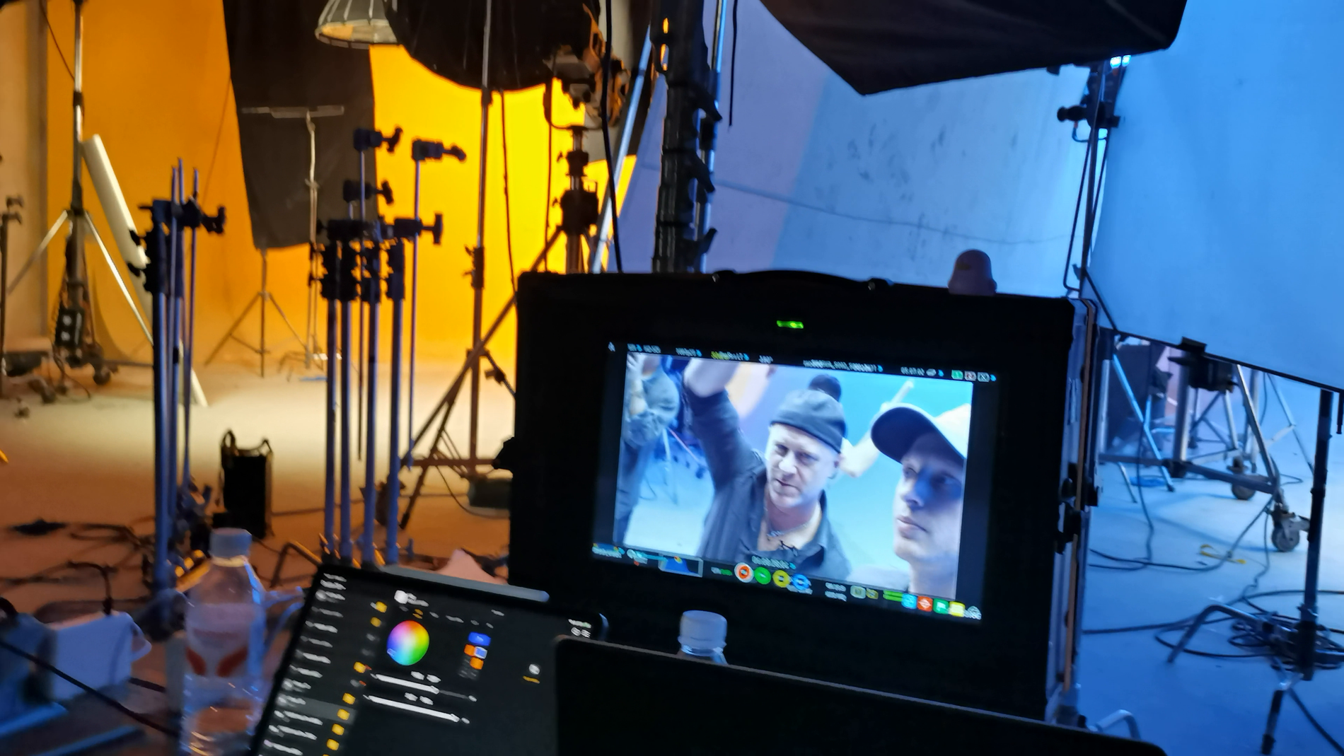 Production monitor showing a close talent frame during an 8ight studio broadcast setup