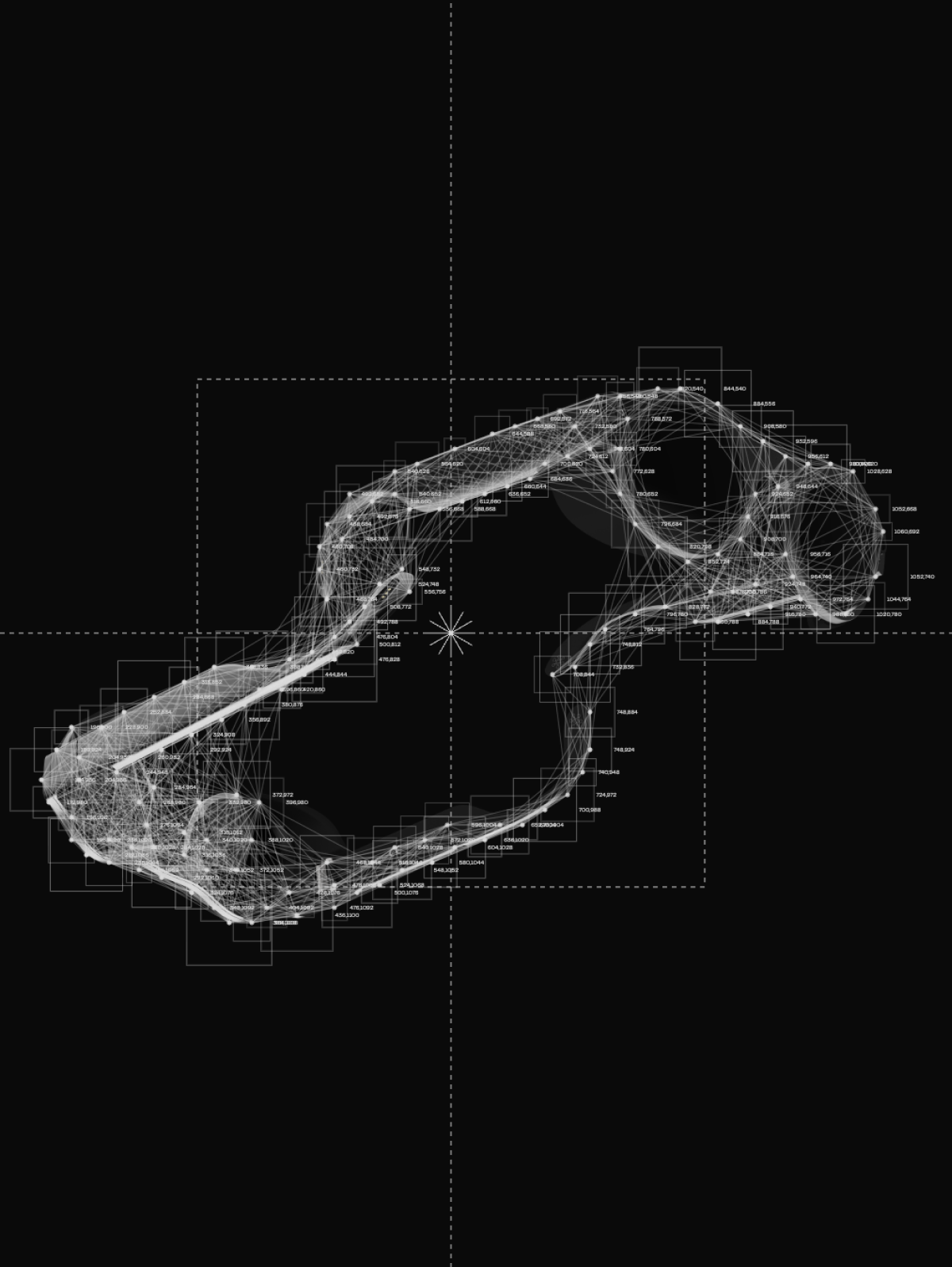 Technical wireframe study of camera-first smart glasses on a dark background