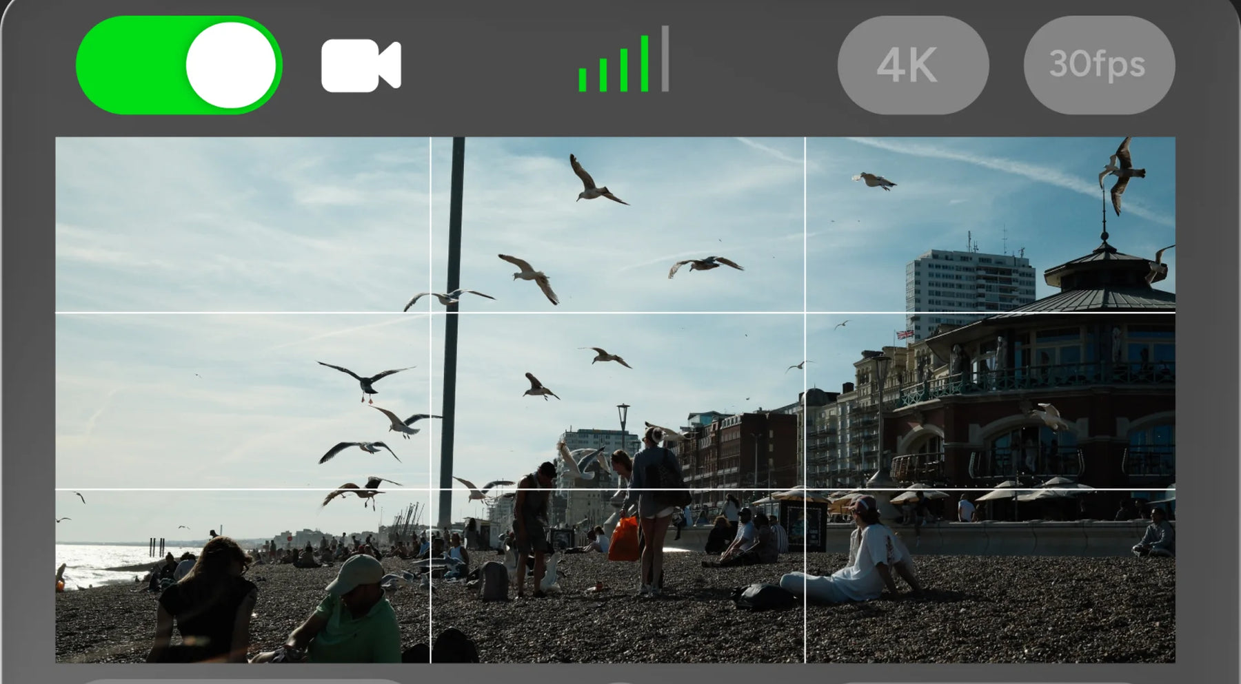 8ight Studio capture interface framing hands-free POV video on a seaside promenade