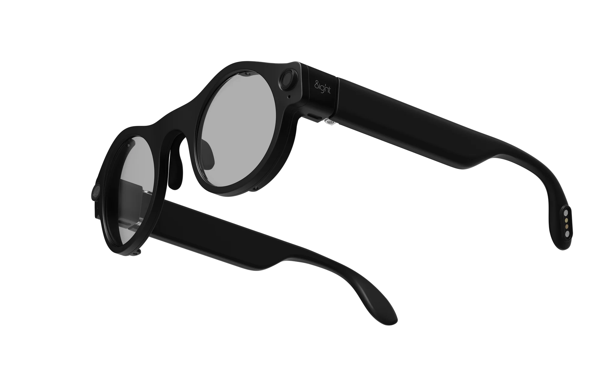 Open three-quarter view of black 8ight Pro camera glasses