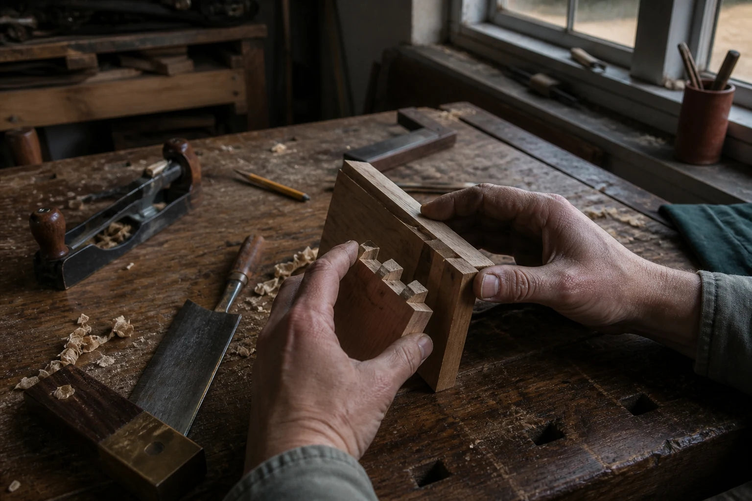 Head-level view of two hands aligning a wooden joint on a worn workbench