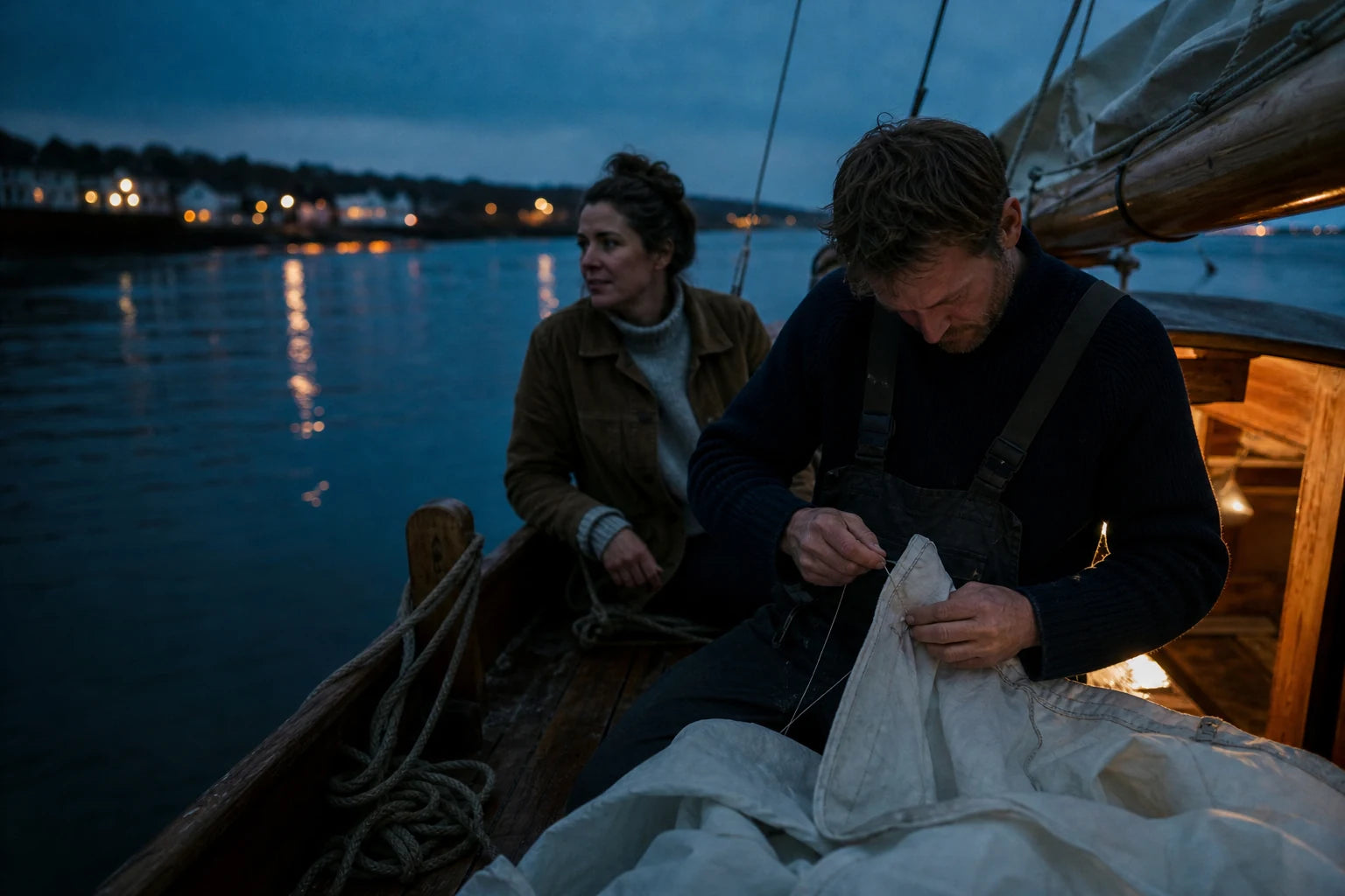 One person mending a sail on a wooden boat while another watches at blue hour
