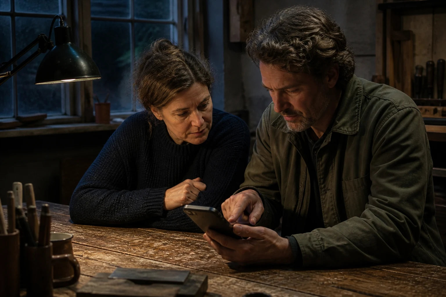 Two people at a worktable looking at a video on a phone