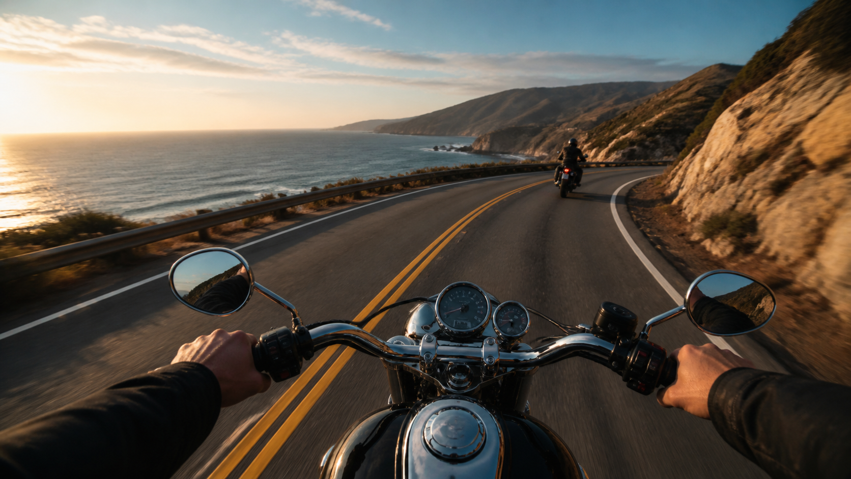First-person view of a motorcycle ride along a sunlit coastal road